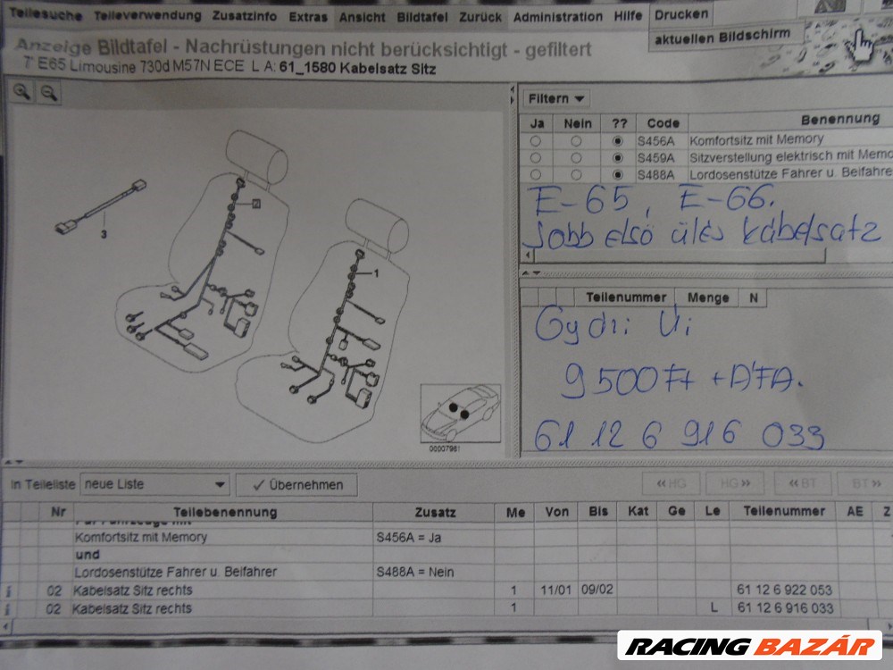 [GYÁRI ÚJ] BMW - Jobb első ülés kábelköteg / E65 , E66 (7-es) 3. kép